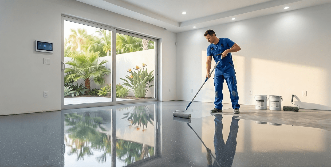 Professionally installed epoxy basement floor by Clever Coatings USA — sealed, glossy resin finish over residential concrete slab